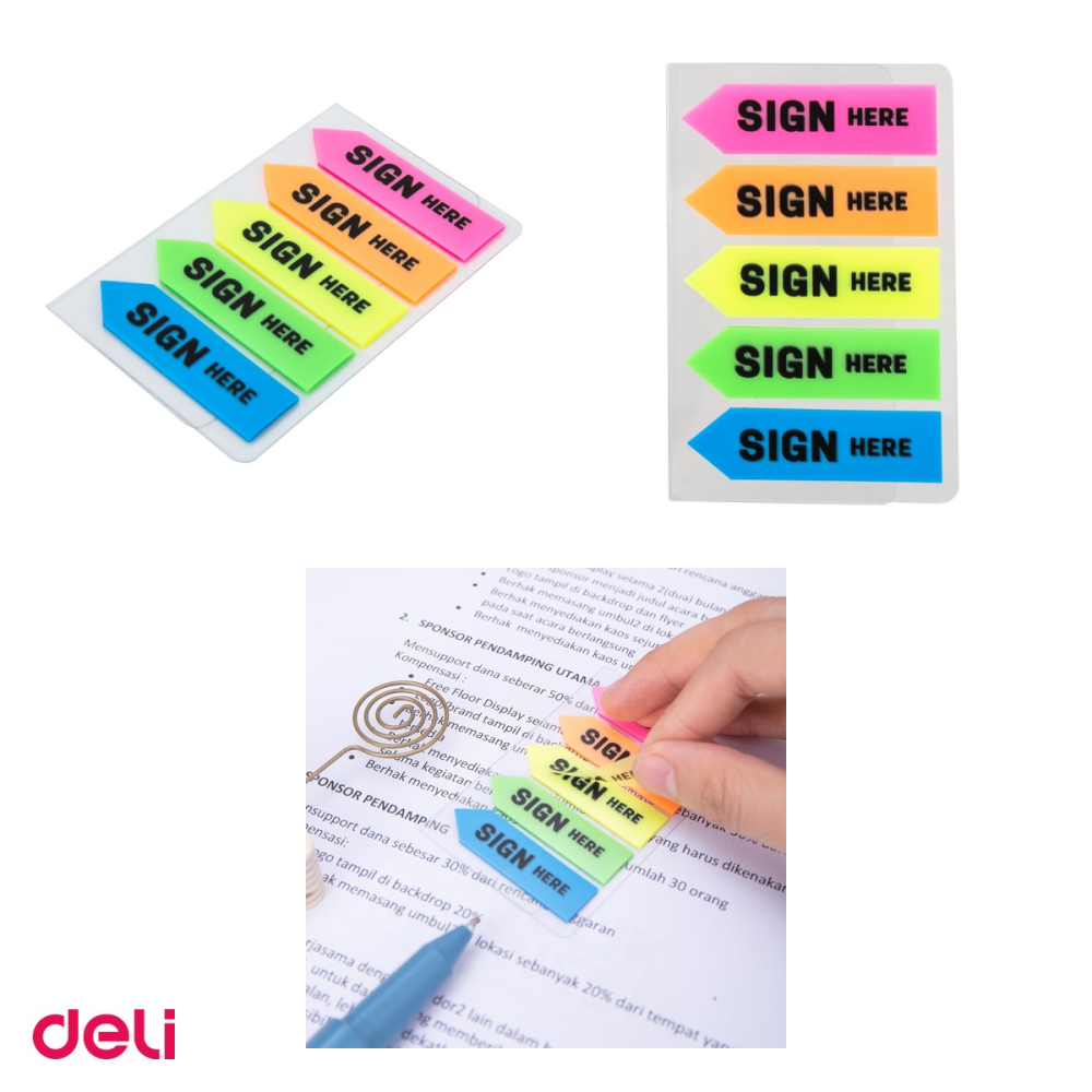 Set 10 indexuri adezive plastic Sign Here Deli, 44x12mm, 5 culori, 20 file per culoare, cu suport plastic inclus [4]