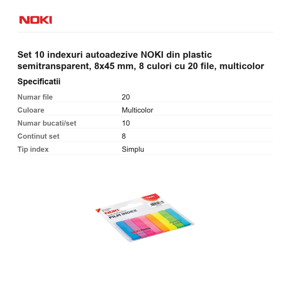Set 10 indexuri autoadezive NOKI din plastic semitransparent, 8x45 mm, 8 culori cu 20 file, multicolor [3]