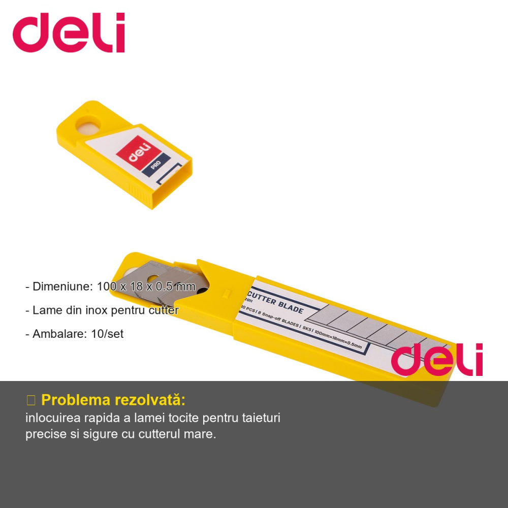 Set 10 lame inox pentru cutter mare Deli, 100x18x0.5 mm, taiere precisa si durabila [2]