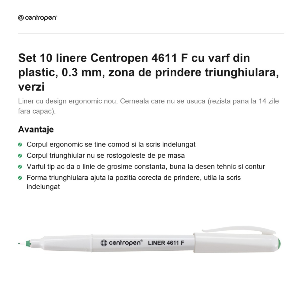 Set 10 linere Centropen 4611 F cu varf din plastic, 0.3 mm, zona de prindere triunghiulara, verzi [2]