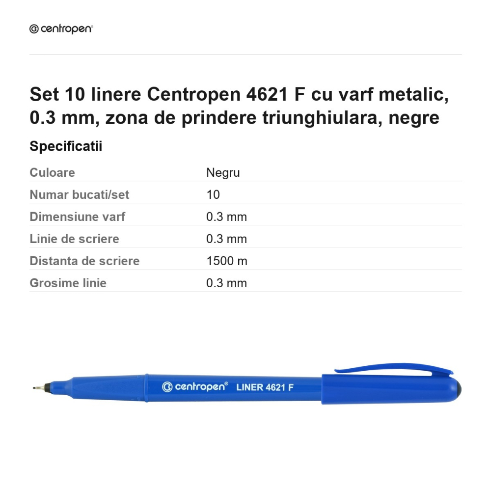 Set 10 linere Centropen 4621 F cu varf metalic, 0.3 mm, zona de prindere triunghiulara, negre [3]
