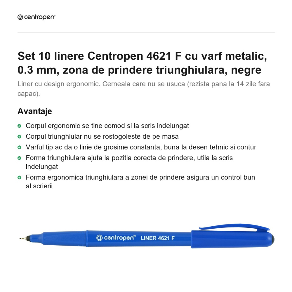 Set 10 linere Centropen 4621 F cu varf metalic, 0.3 mm, zona de prindere triunghiulara, negre [2]