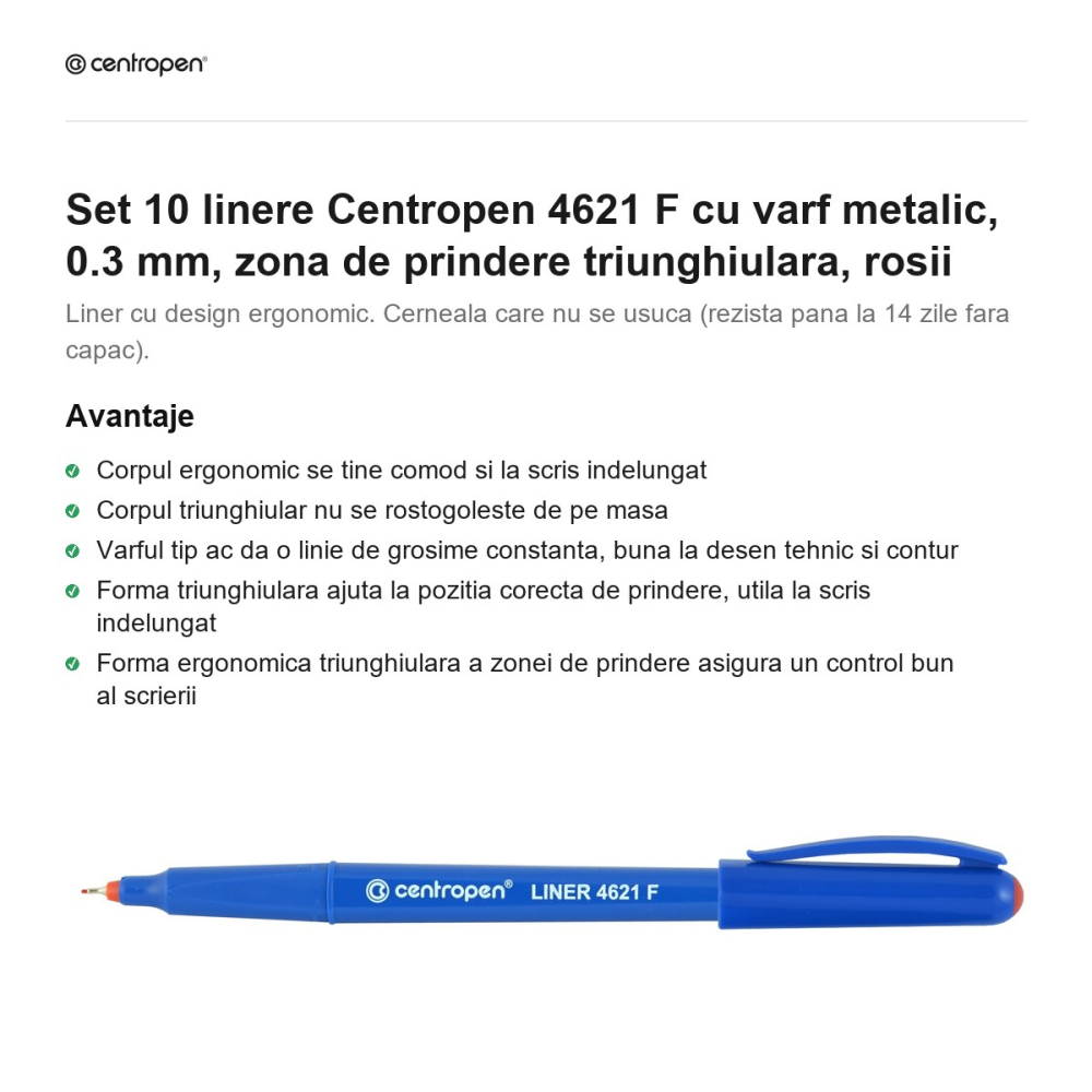 Set 10 linere Centropen 4621 F cu varf metalic, 0.3 mm, zona de prindere triunghiulara, rosii [2]