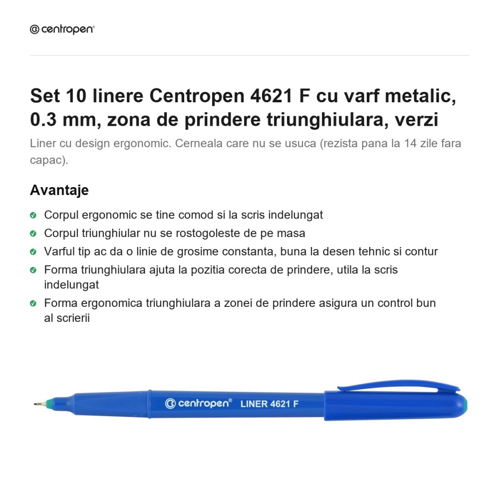 Set 10 linere Centropen 4621 F cu varf metalic, 0.3 mm, zona de prindere triunghiulara, verzi [2]