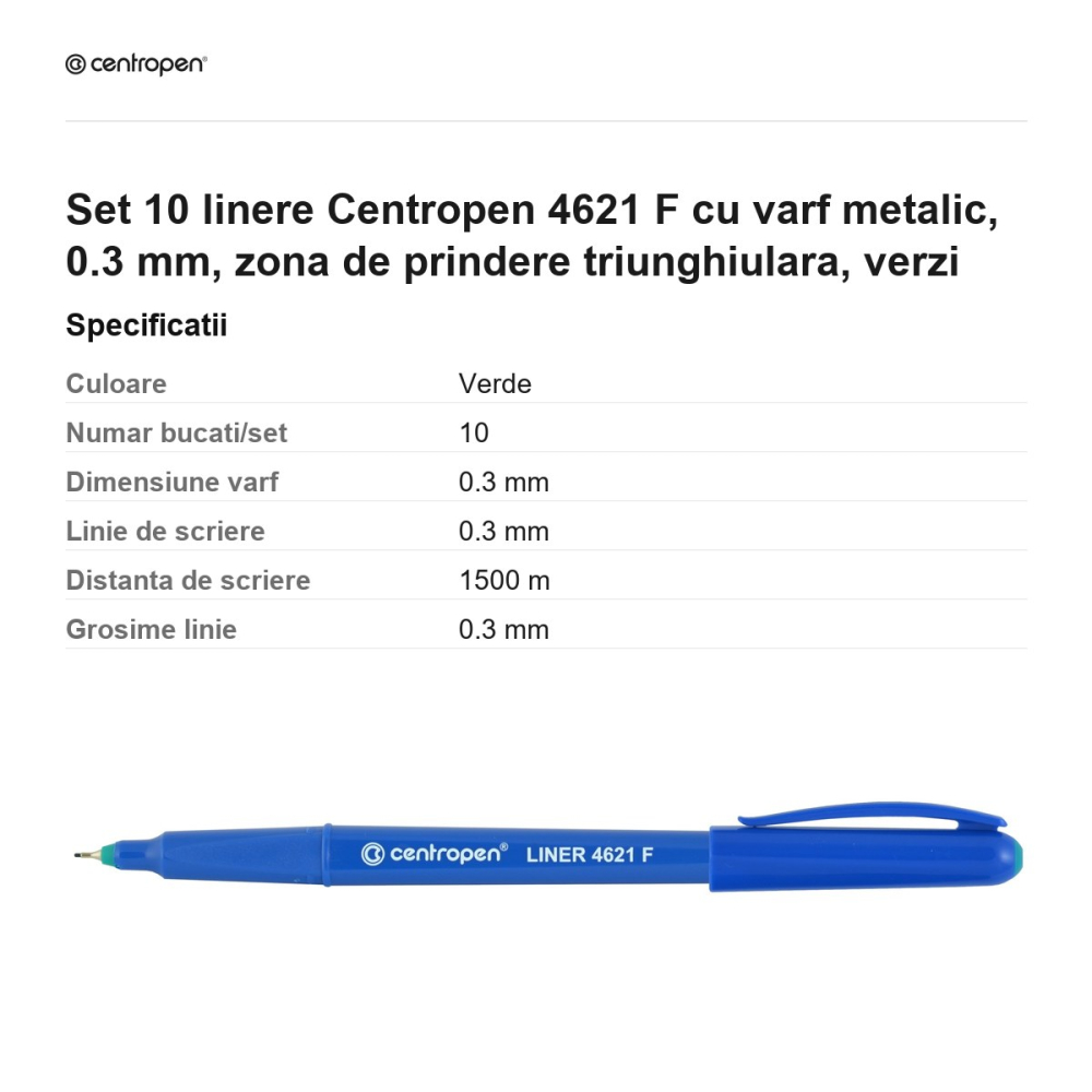 Set 10 linere Centropen 4621 F cu varf metalic, 0.3 mm, zona de prindere triunghiulara, verzi [3]
