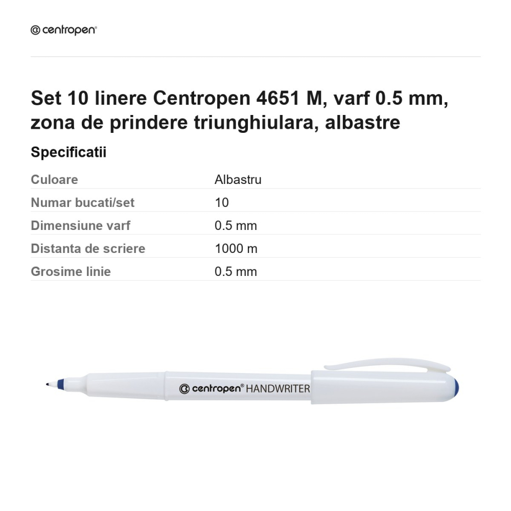 Set 10 linere Centropen 4651 M, varf 0.5 mm, zona de prindere triunghiulara, albastre [3]