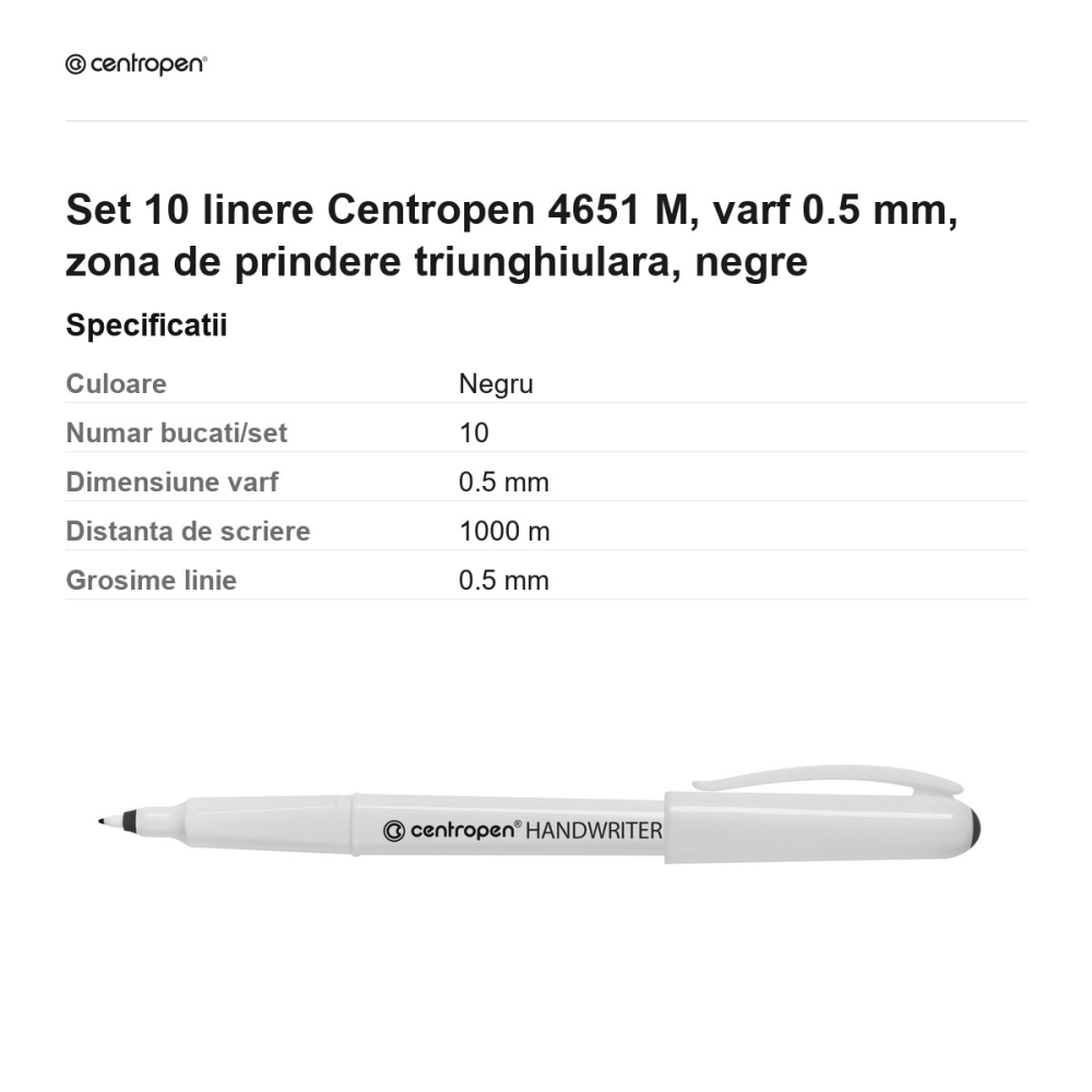 Set 10 linere Centropen 4651 M, varf 0.5 mm, zona de prindere triunghiulara, negre [3]
