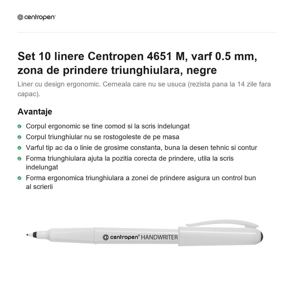 Set 10 linere Centropen 4651 M, varf 0.5 mm, zona de prindere triunghiulara, negre [2]