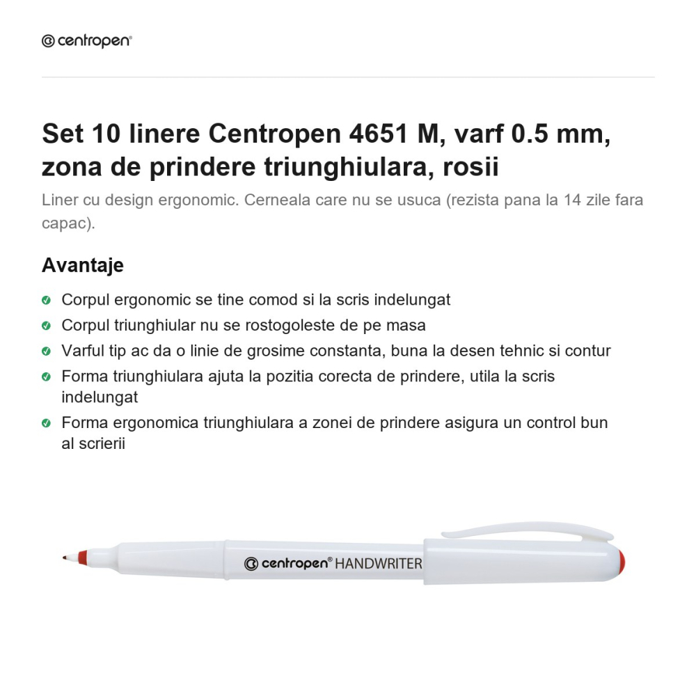 Set 10 linere Centropen 4651 M, varf 0.5 mm, zona de prindere triunghiulara, rosii [2]