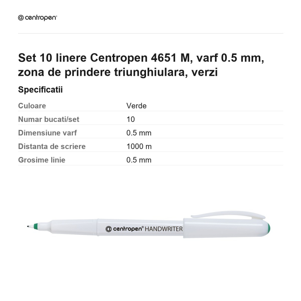 Set 10 linere Centropen 4651 M, varf 0.5 mm, zona de prindere triunghiulara, verzi [3]
