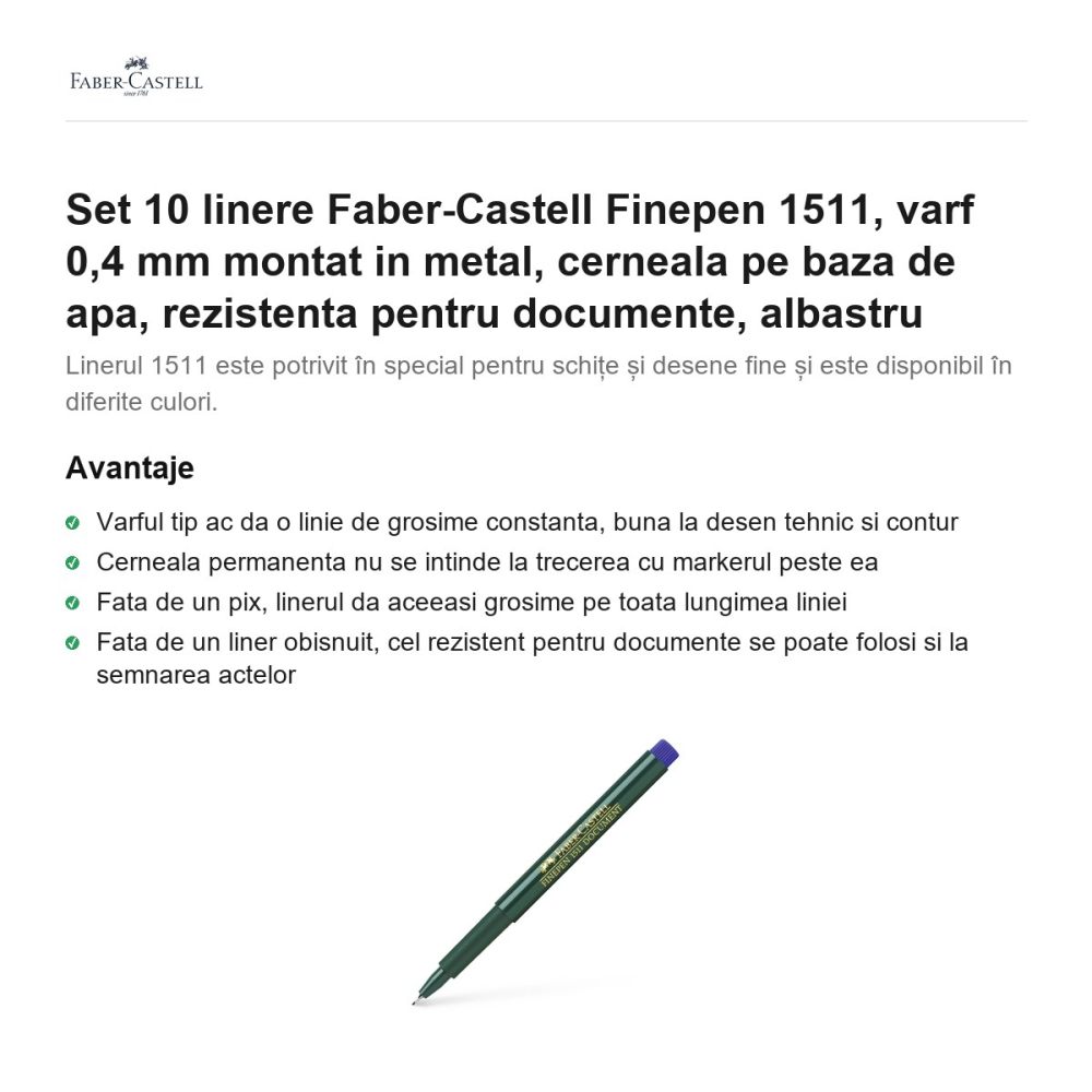 Set 10 linere Faber-Castell Finepen 1511, varf 0,4 mm montat in metal, cerneala pe baza de apa, rezistenta pentru documente, albastru [2]