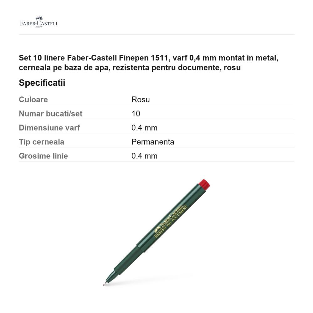 Set 10 linere Faber-Castell Finepen 1511, varf 0,4 mm montat in metal, cerneala pe baza de apa, rezistenta pentru documente, rosu [3]
