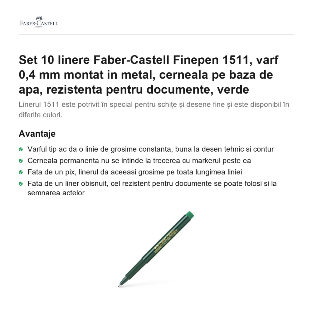 Set 10 linere Faber-Castell Finepen 1511, varf 0,4 mm montat in metal, cerneala pe baza de apa, rezistenta pentru documente, verde [2]