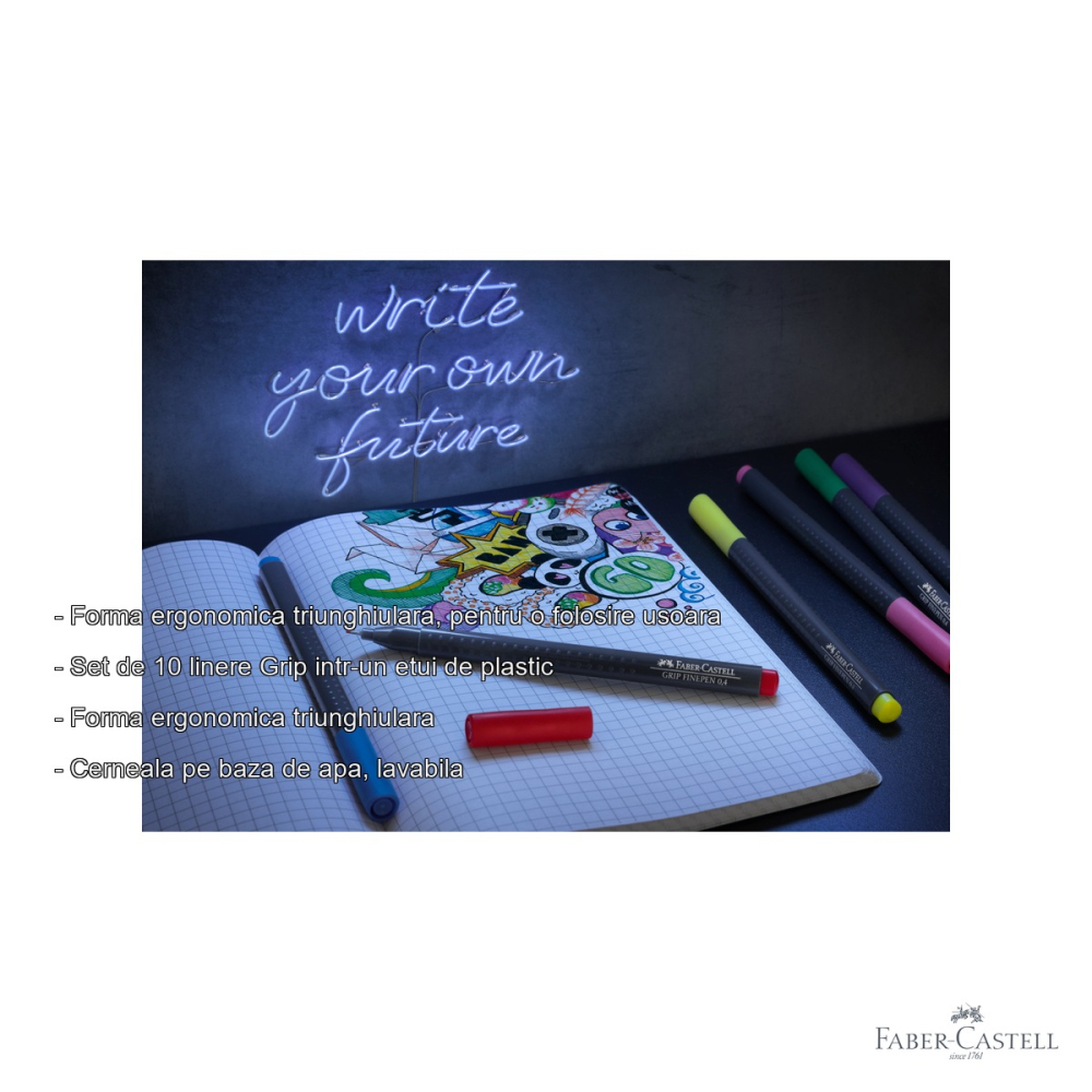Set 10 linere Faber-Castell Grip 0.4 mm, forma ergonomica triunghiulara, cerneala lavabila, pentru desen tehnic si scriere de precizie [2]
