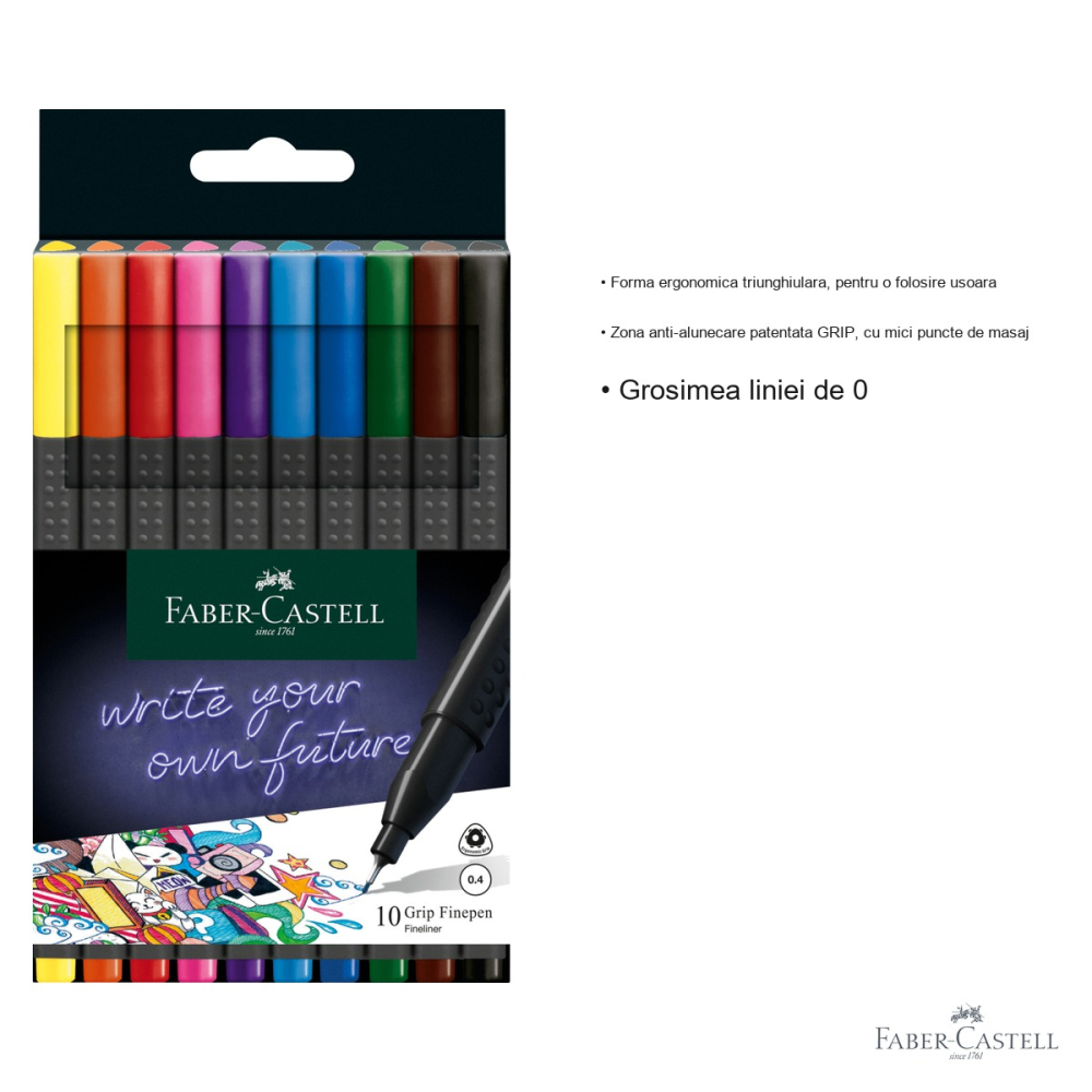 Set 10 linere Faber-Castell Grip 0.4 mm, forma ergonomica triunghiulara, cerneala lavabila, pentru desen tehnic si scriere de precizie [3]