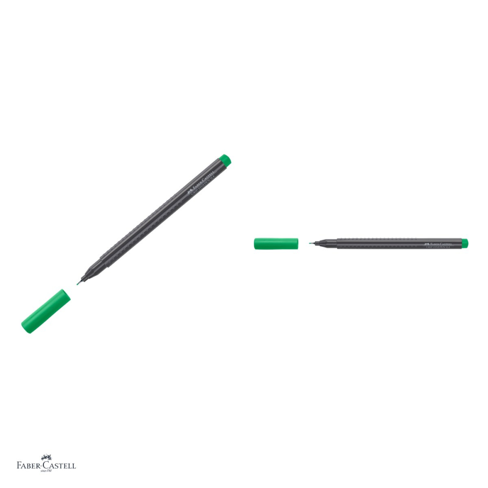 Set 10 linere Faber-Castell Grip Finepen, varf 0,4 mm montat in metal, cerneala pe baza de colorant alimentar, forma triunghiulara cu zona Grip, se spala din textile, verde smarald, antiderapante [4]
