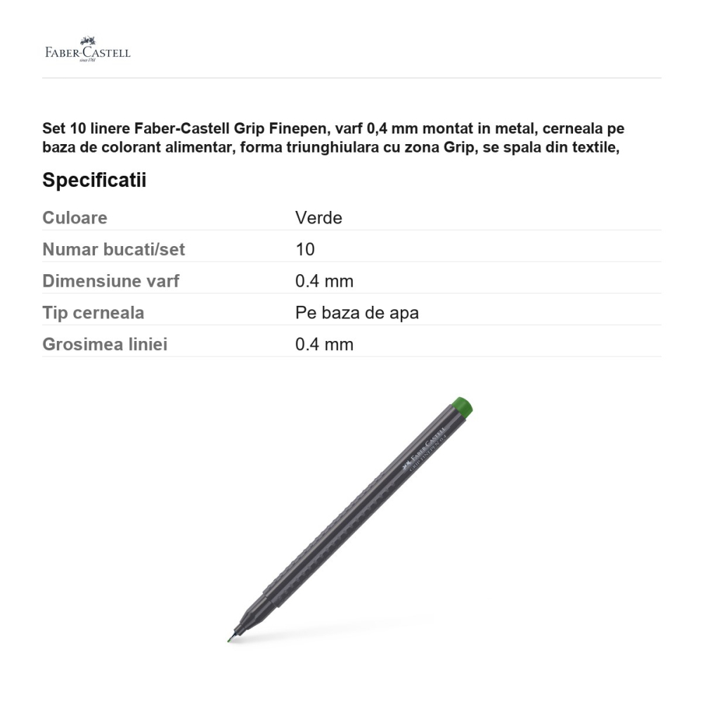 Set 10 linere Faber-Castell Grip Finepen, varf 0,4 mm montat in metal, cerneala pe baza de colorant alimentar, forma triunghiulara cu zona Grip, se spala din textile, verde oliv permanent [3]