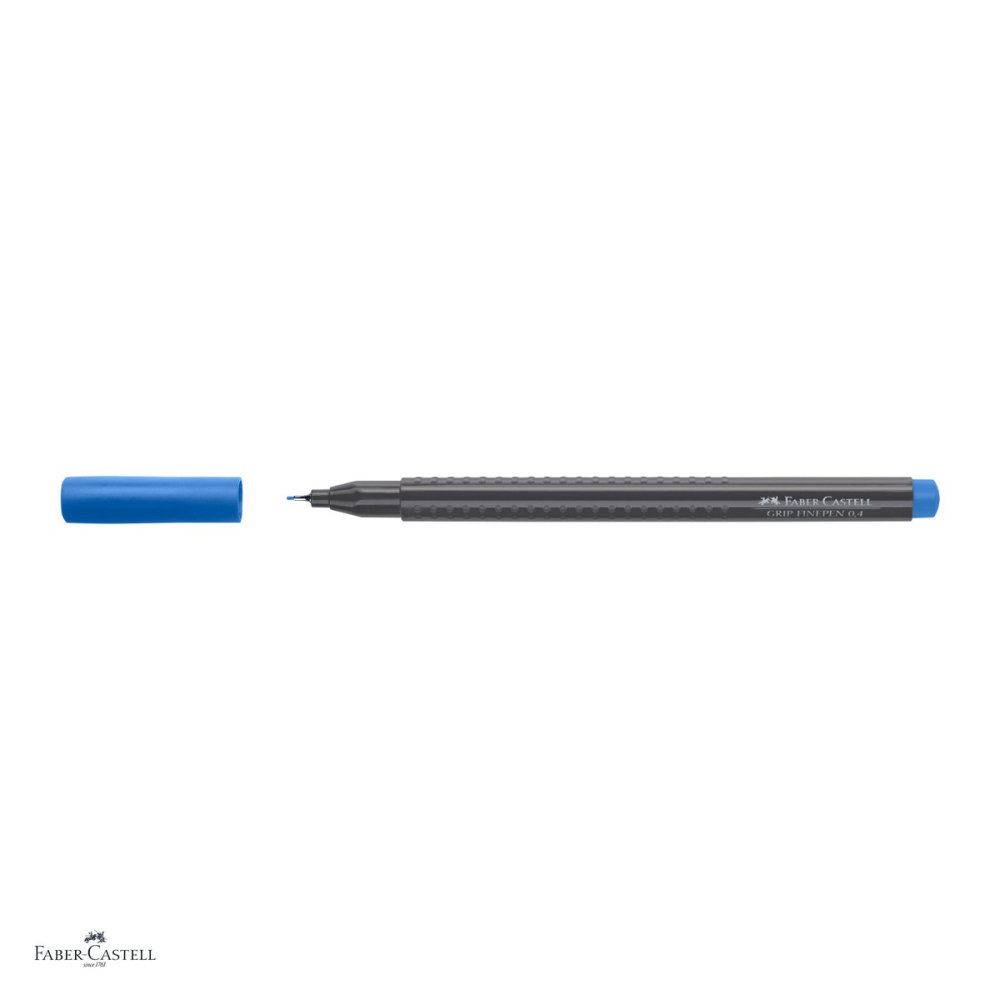 Set 10 linere Faber-Castell Grip Finepen, varf 0,4 mm montat in metal, cerneala pe baza de colorant alimentar, forma triunghiulara cu zona Grip, se spala din textile, albastru helio rosiatic [4]