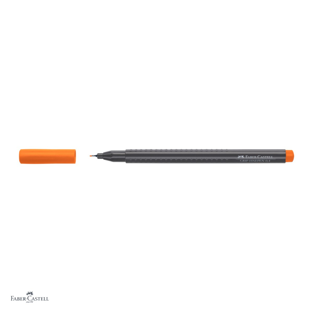 Set 10 linere Faber-Castell Grip Finepen, varf 0,4 mm montat in metal, cerneala pe baza de colorant alimentar, forma triunghiulara cu zona Grip, se spala din textile, portocaliu cadmiu inchis [4]