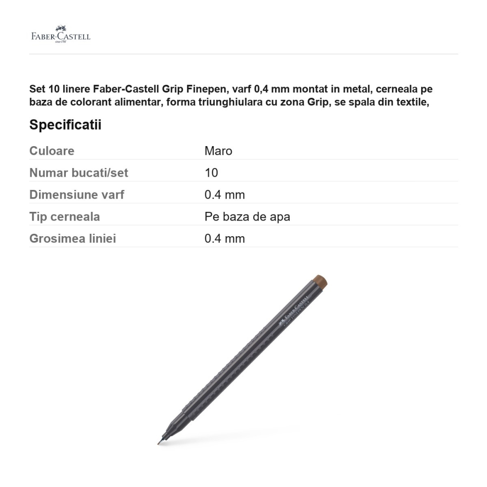 Set 10 linere Faber-Castell Grip Finepen, varf 0,4 mm montat in metal, cerneala pe baza de colorant alimentar, forma triunghiulara cu zona Grip, se spala din textile, umbra arsa, antiderapante [3]