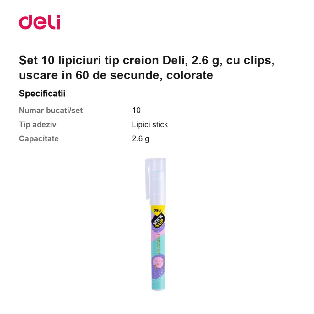 Set 10 lipiciuri tip creion Deli, 2.6 g, cu clips, uscare in 60 de secunde, colorate [3]