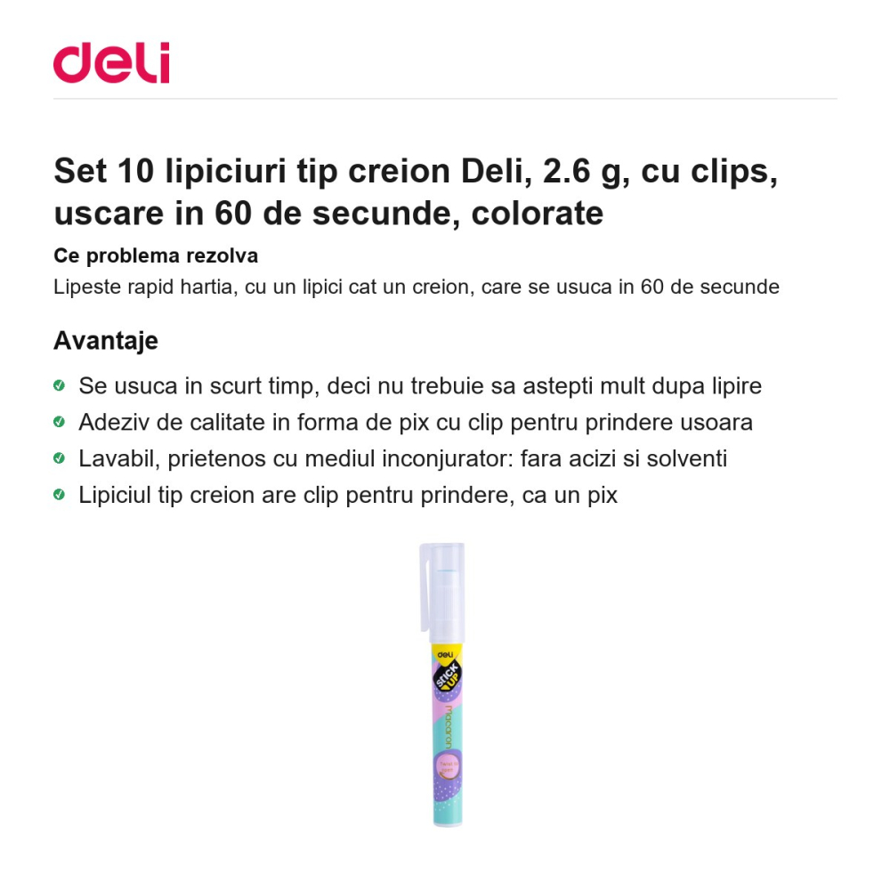 Set 10 lipiciuri tip creion Deli, 2.6 g, cu clips, uscare in 60 de secunde, colorate [2]