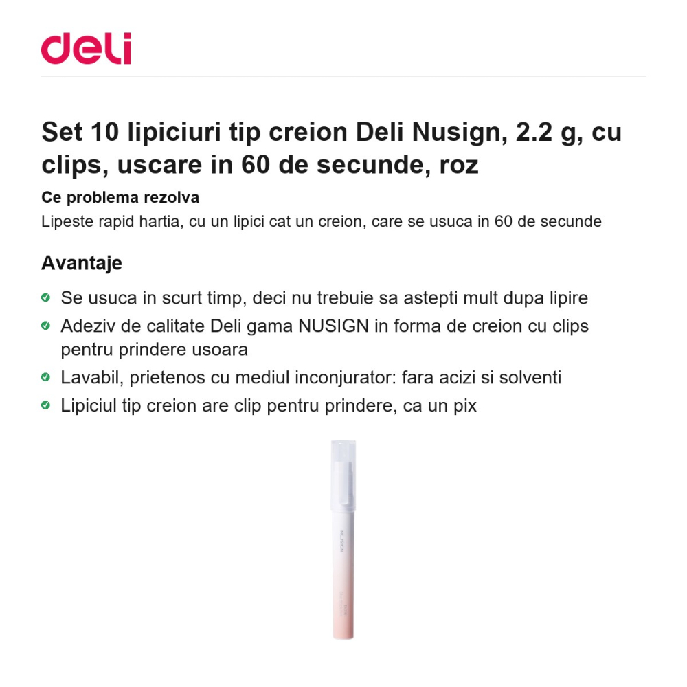 Set 10 lipiciuri tip creion Deli Nusign, 2.2 g, cu clips, uscare in 60 de secunde, roz [2]