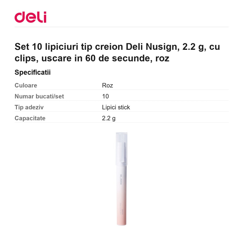 Set 10 lipiciuri tip creion Deli Nusign, 2.2 g, cu clips, uscare in 60 de secunde, roz [3]