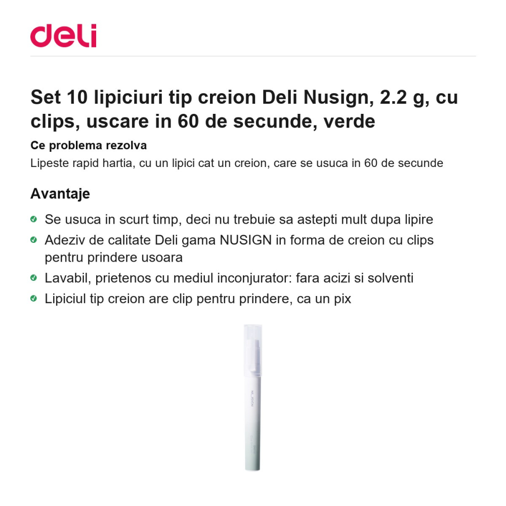 Set 10 lipiciuri tip creion Deli Nusign, 2.2 g, cu clips, uscare in 60 de secunde, verde [2]