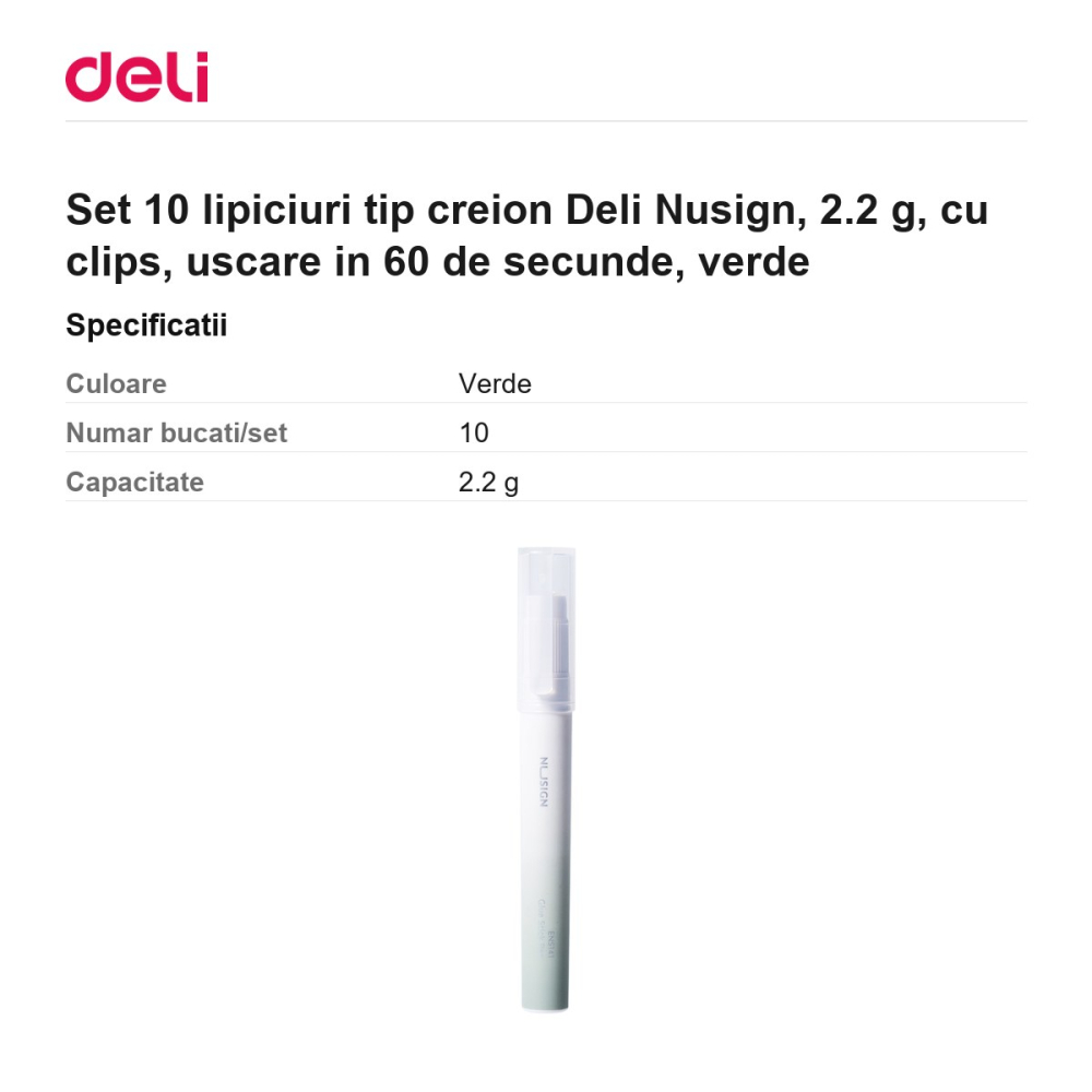 Set 10 lipiciuri tip creion Deli Nusign, 2.2 g, cu clips, uscare in 60 de secunde, verde [3]