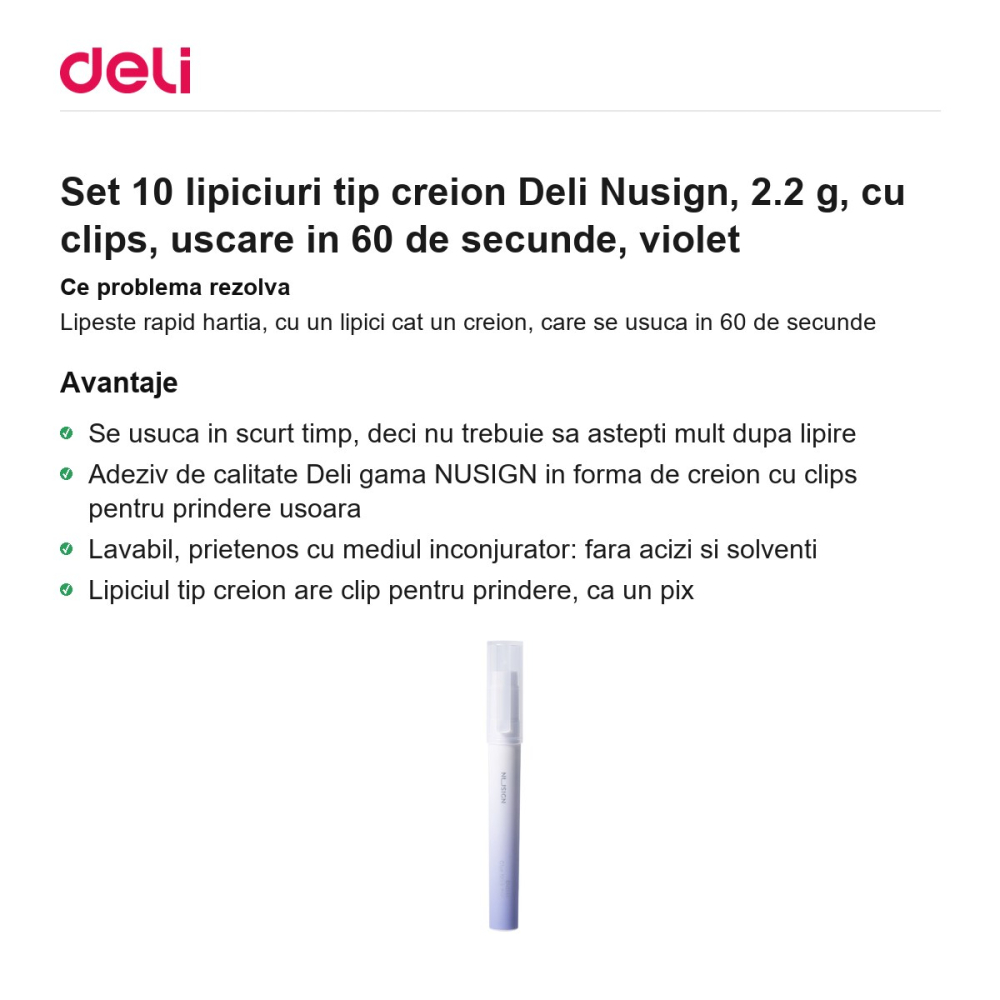 Set 10 lipiciuri tip creion Deli Nusign, 2.2 g, cu clips, uscare in 60 de secunde, violet [2]