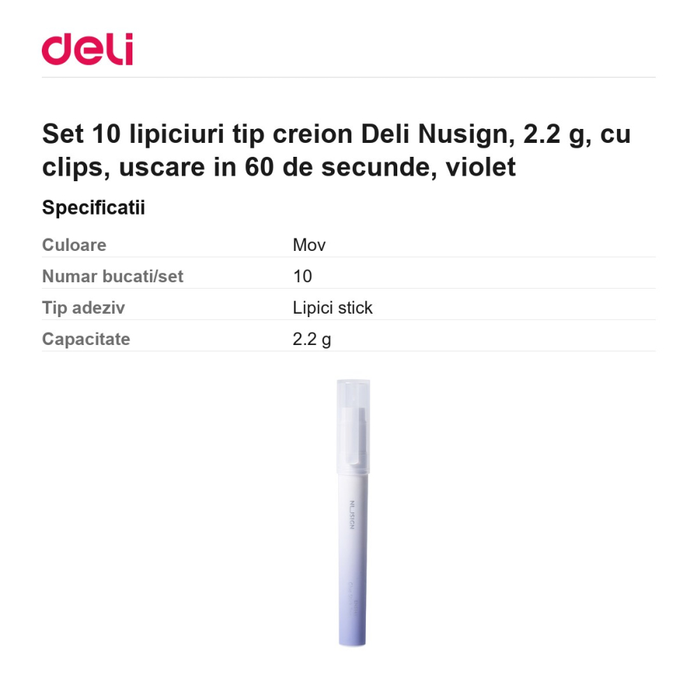 Set 10 lipiciuri tip creion Deli Nusign, 2.2 g, cu clips, uscare in 60 de secunde, violet [3]