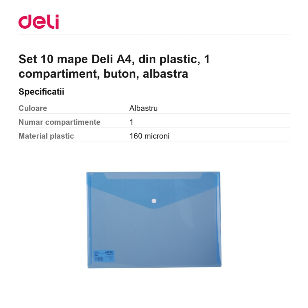 Set 10 mape Deli A4, din plastic, 1 compartiment, buton, albastra [3]