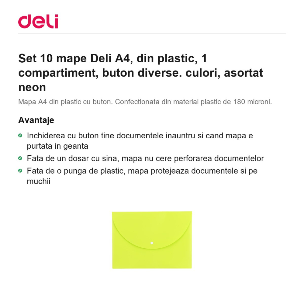 Set 10 mape Deli A4, din plastic, 1 compartiment, buton diverse. culori, asortat neon [2]