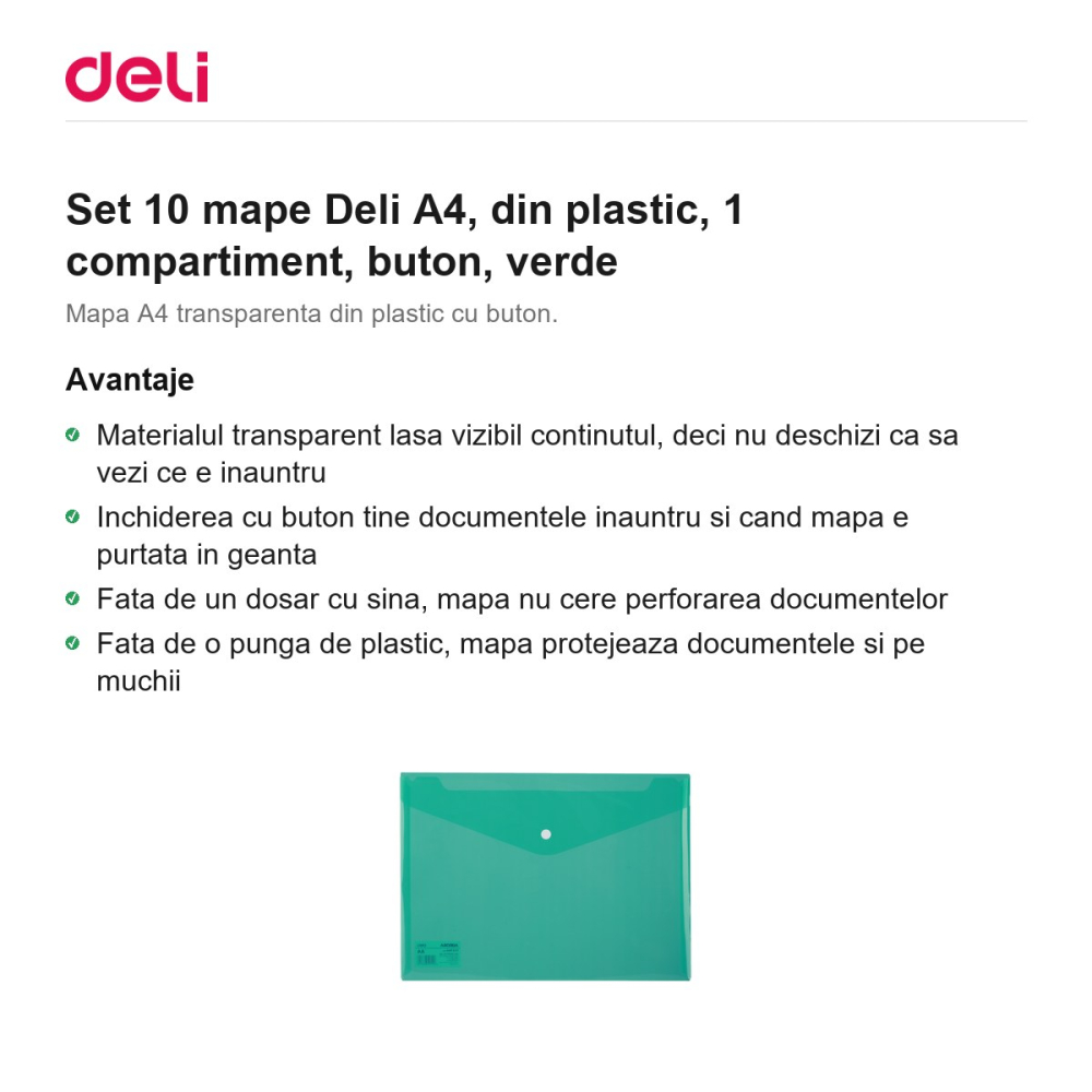 Set 10 mape Deli A4, din plastic, 1 compartiment, buton, verde [2]