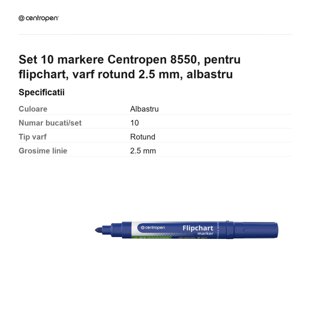 Set 10 markere Centropen 8550, pentru flipchart, varf rotund 2.5 mm, albastru [3]