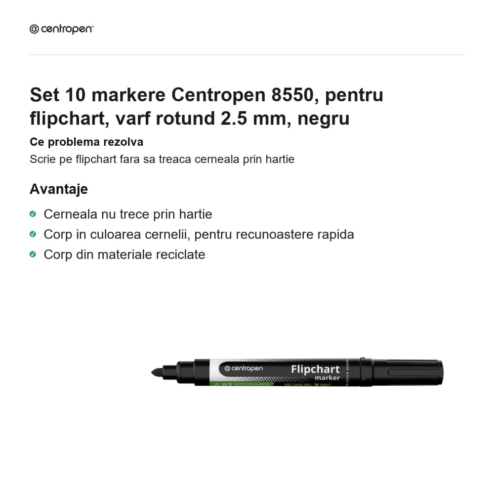 Set 10 markere Centropen 8550, pentru flipchart, varf rotund 2.5 mm, negru [2]