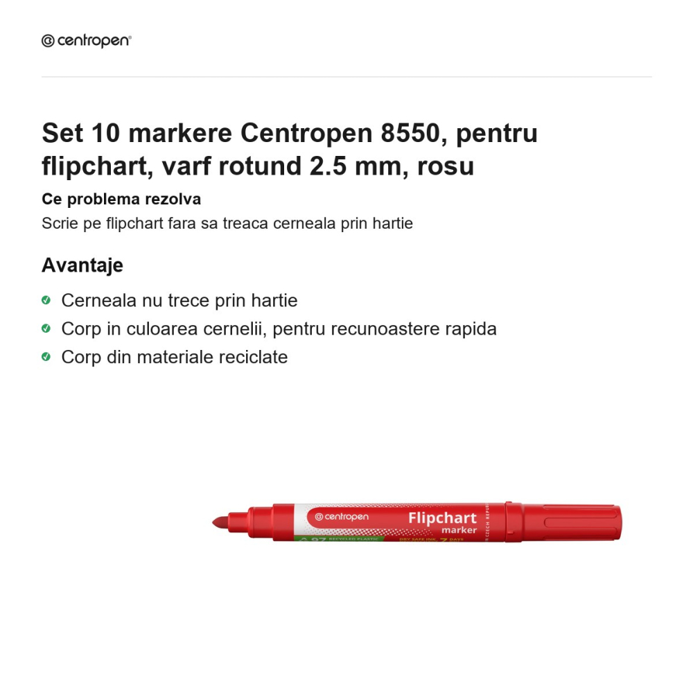 Set 10 markere Centropen 8550, pentru flipchart, varf rotund 2.5 mm, rosu [2]