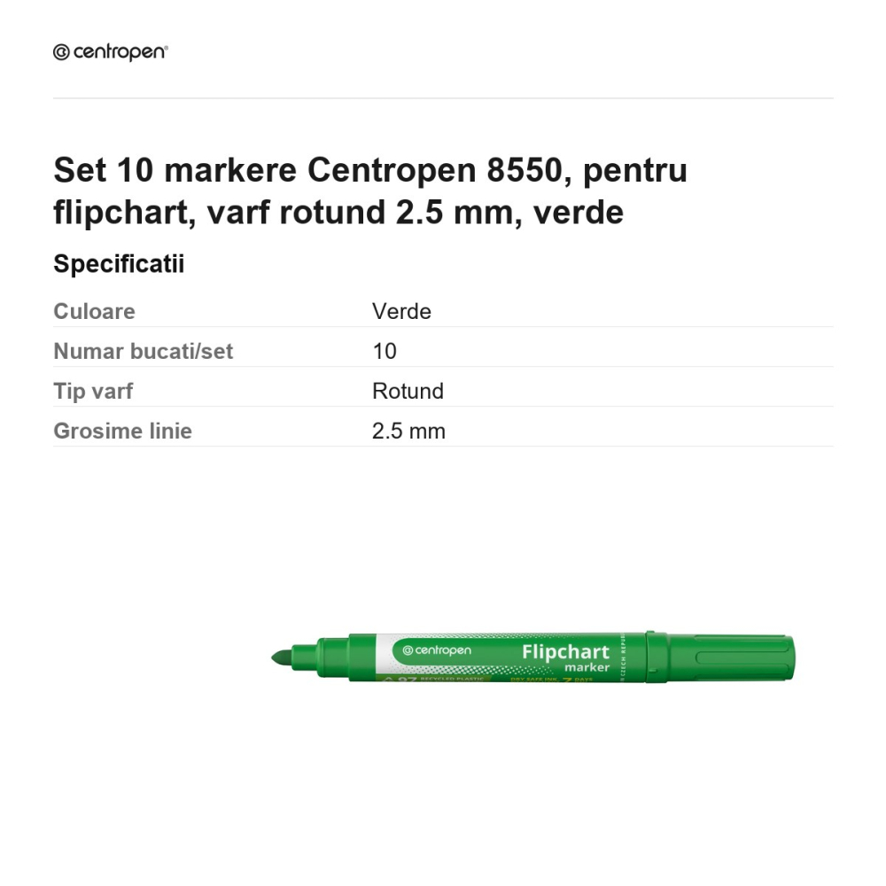 Set 10 markere Centropen 8550, pentru flipchart, varf rotund 2.5 mm, verde [3]