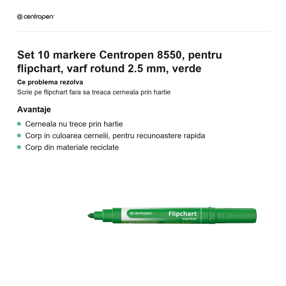 Set 10 markere Centropen 8550, pentru flipchart, varf rotund 2.5 mm, verde [2]