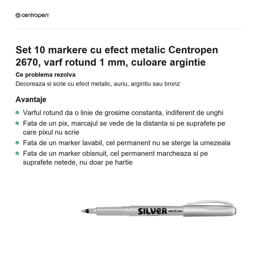 Set 10 markere cu efect metalic Centropen 2670, varf rotund 1 mm, culoare argintie [2]