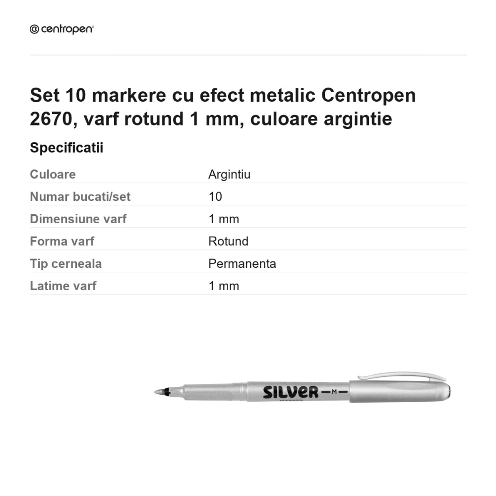 Set 10 markere cu efect metalic Centropen 2670, varf rotund 1 mm, culoare argintie [3]