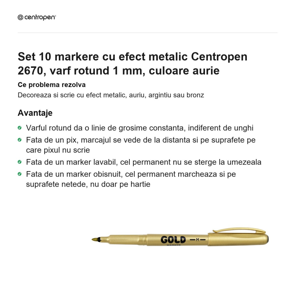 Set 10 markere cu efect metalic Centropen 2670, varf rotund 1 mm, culoare aurie [2]