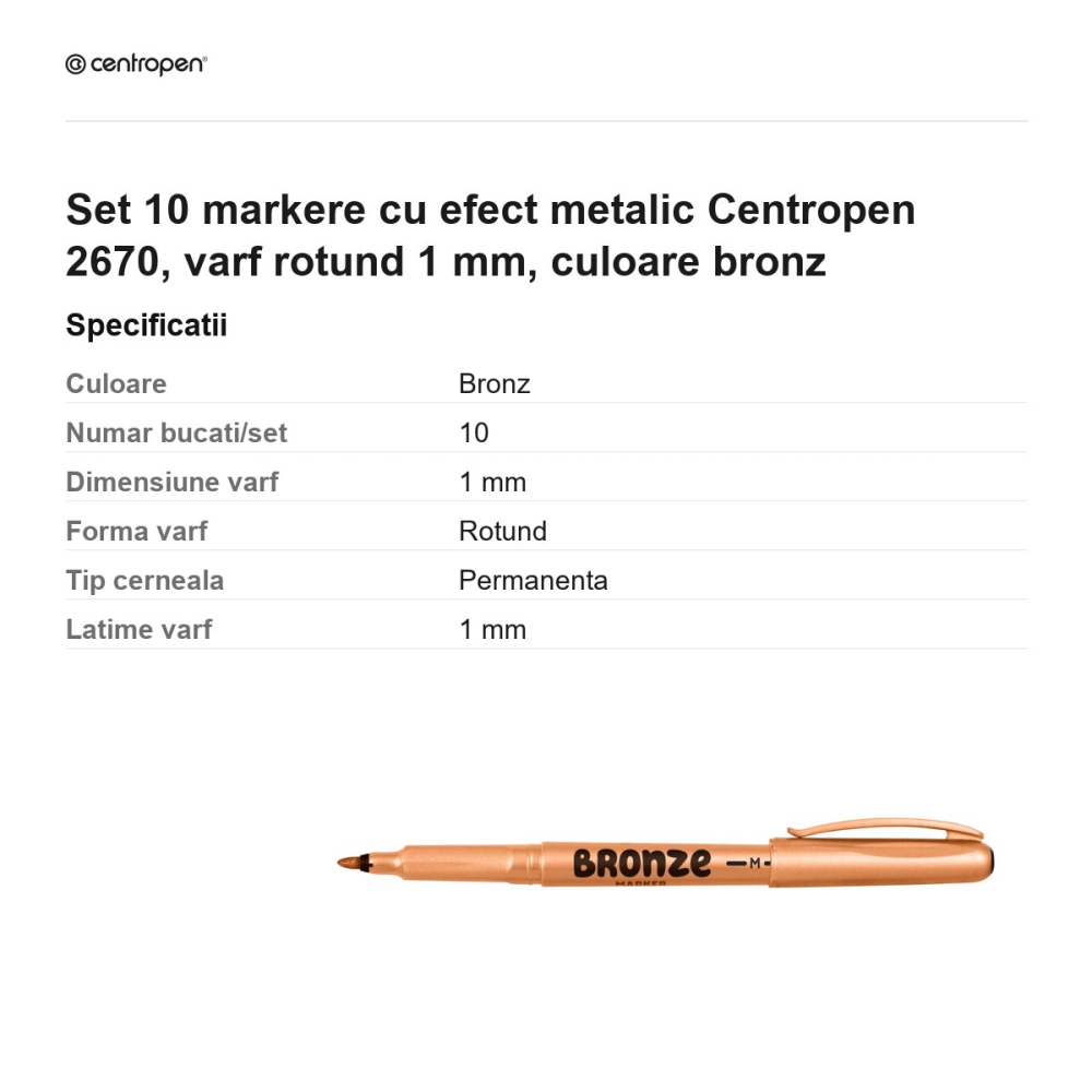 Set 10 markere cu efect metalic Centropen 2670, varf rotund 1 mm, culoare bronz [3]