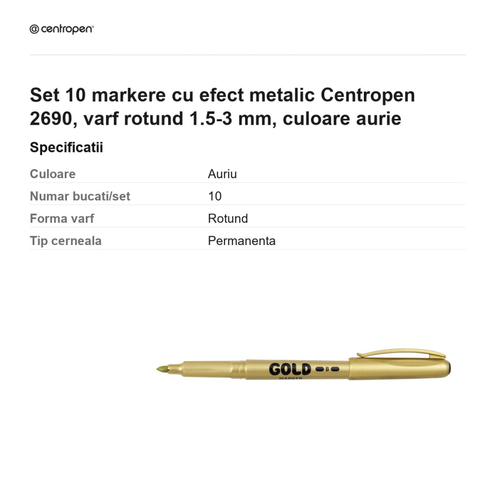 Set 10 markere cu efect metalic Centropen 2690, varf rotund 1.5-3 mm, culoare aurie [3]