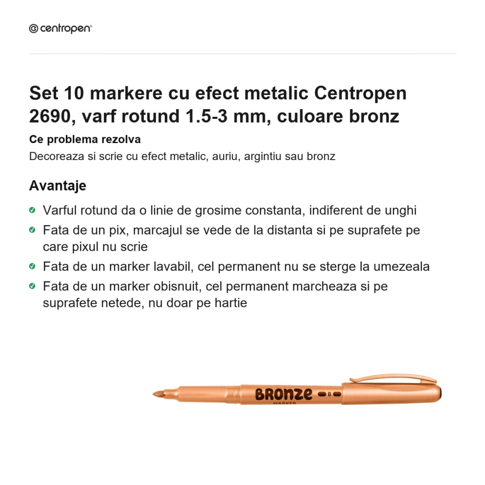 Set 10 markere cu efect metalic Centropen 2690, varf rotund 1.5-3 mm, culoare bronz [2]