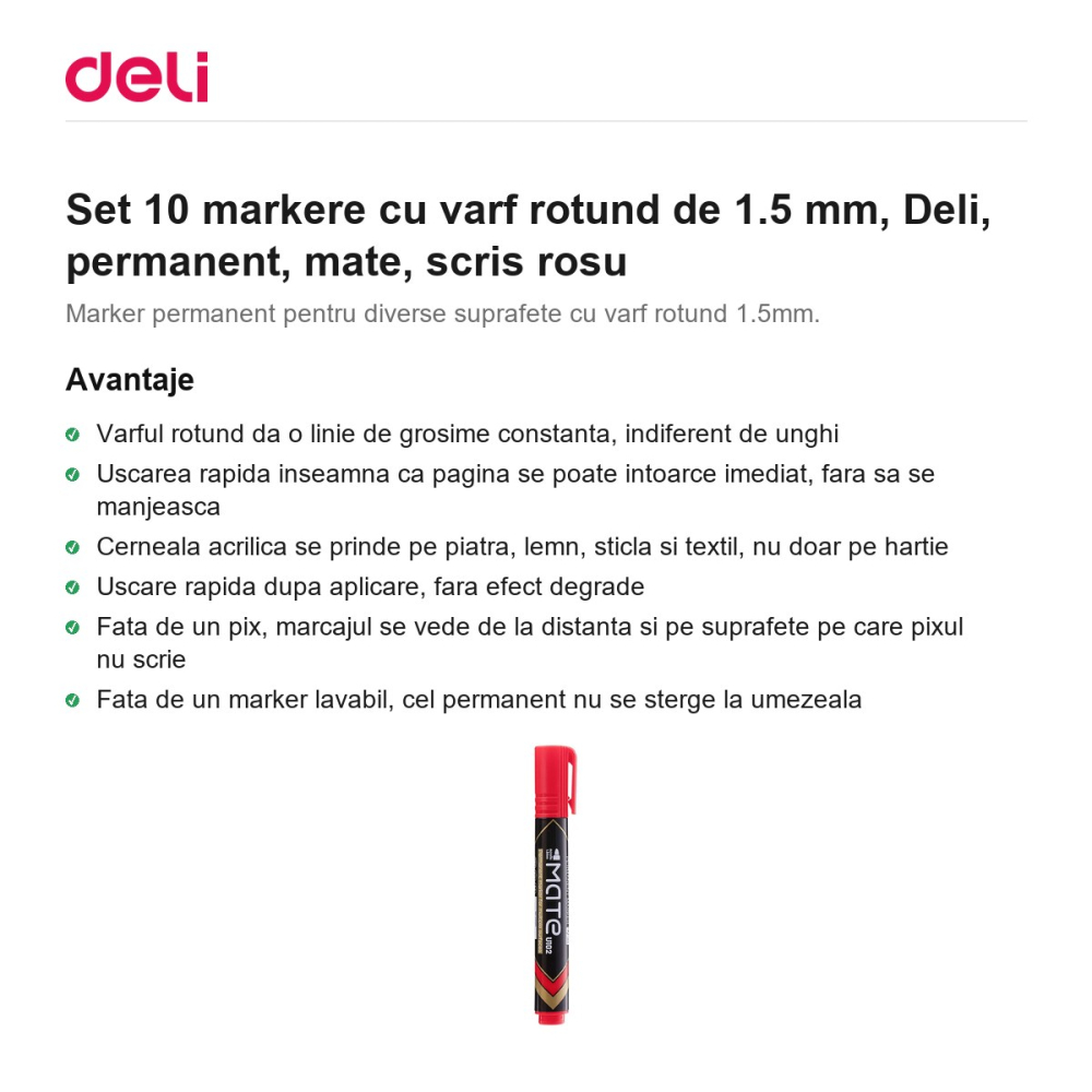 Set 10 markere cu varf rotund de 1.5 mm, Deli, permanent, mate, scris rosu [2]