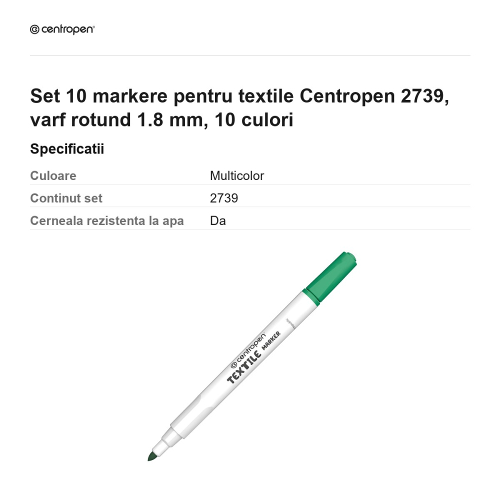 Set 10 markere pentru textile Centropen 2739, varf rotund 1.8 mm, 10 culori [3]