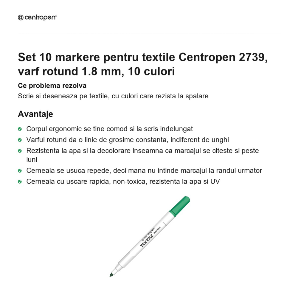 Set 10 markere pentru textile Centropen 2739, varf rotund 1.8 mm, 10 culori [2]