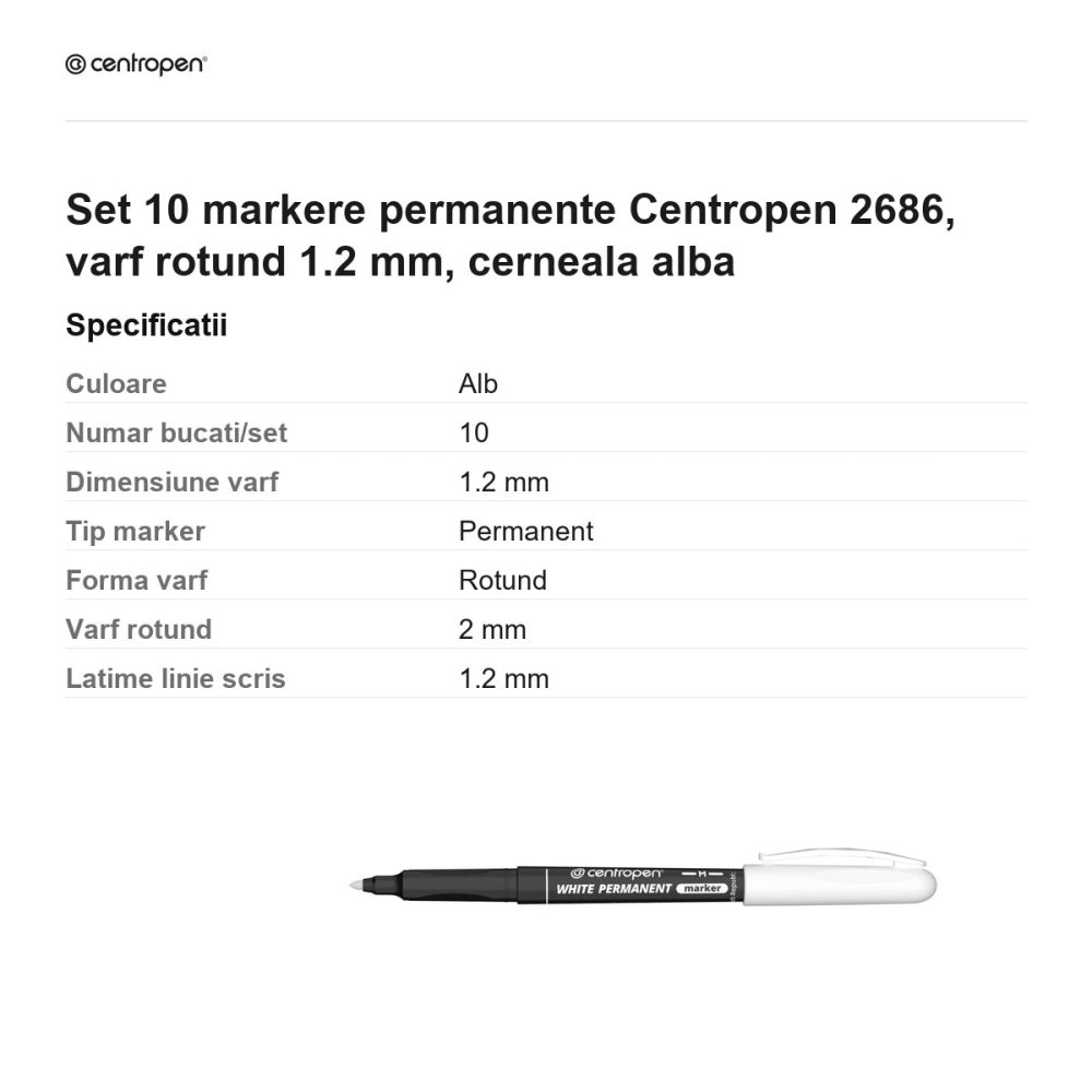 Set 10 markere permanente Centropen 2686, varf rotund 1.2 mm, cerneala alba [3]